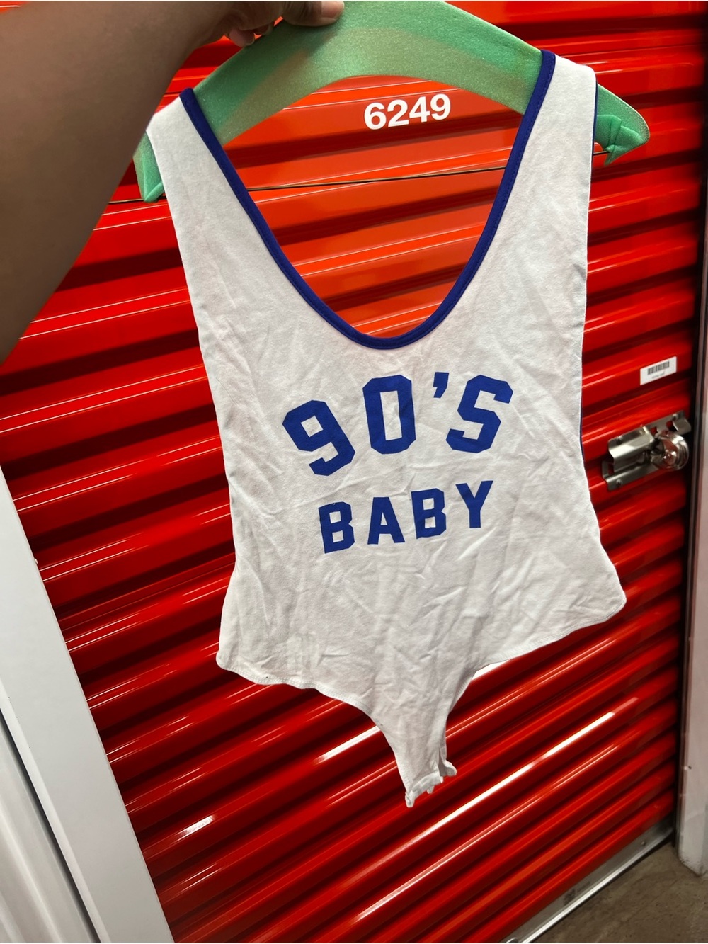 Fashion Nova White Bodysuit with Blue "90'S BABY" Graphic